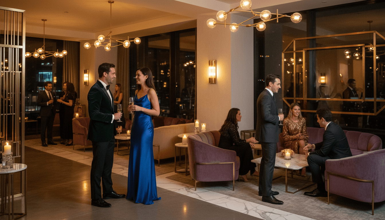 Exclusive social gathering with well-dressed members networking
