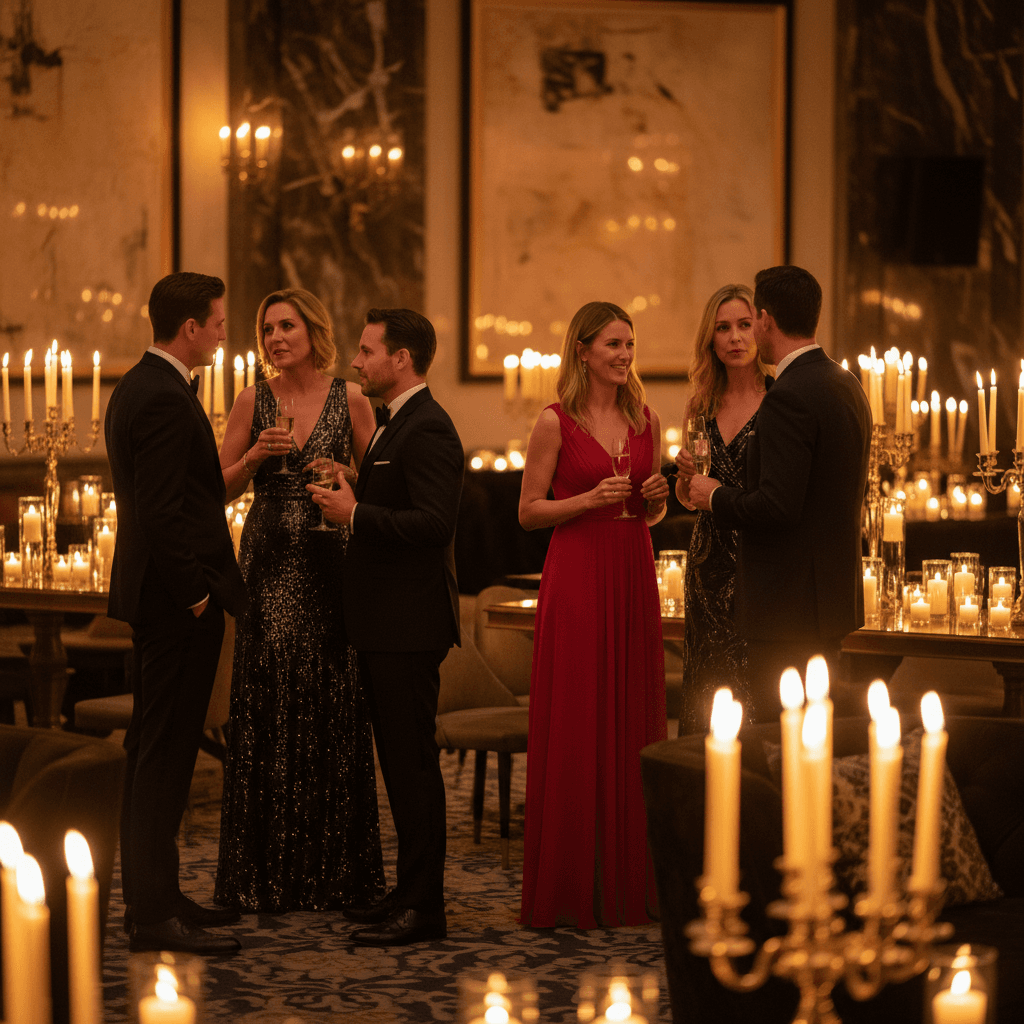 Members enjoying conversation at an exclusive evening gathering