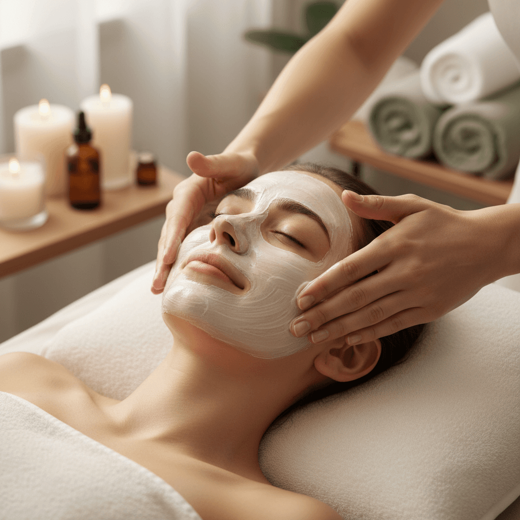 Esthetician applying premium facial treatment in luxury spa setting