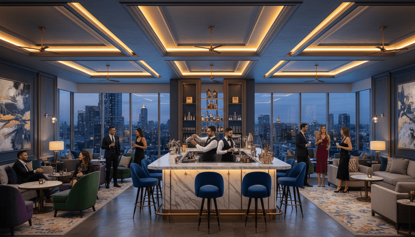 Members networking at an upscale cocktail reception with city views