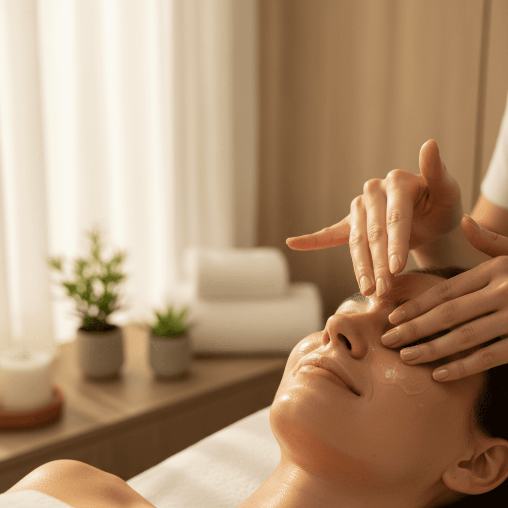 Esthetician applying premium facial serum to client's skin