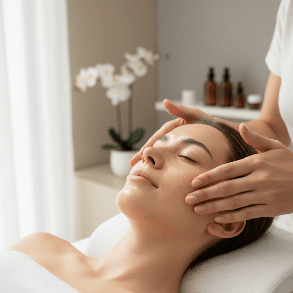 Client receiving premium facial treatment with esthetician applying skincare serum in a luxurious spa setting